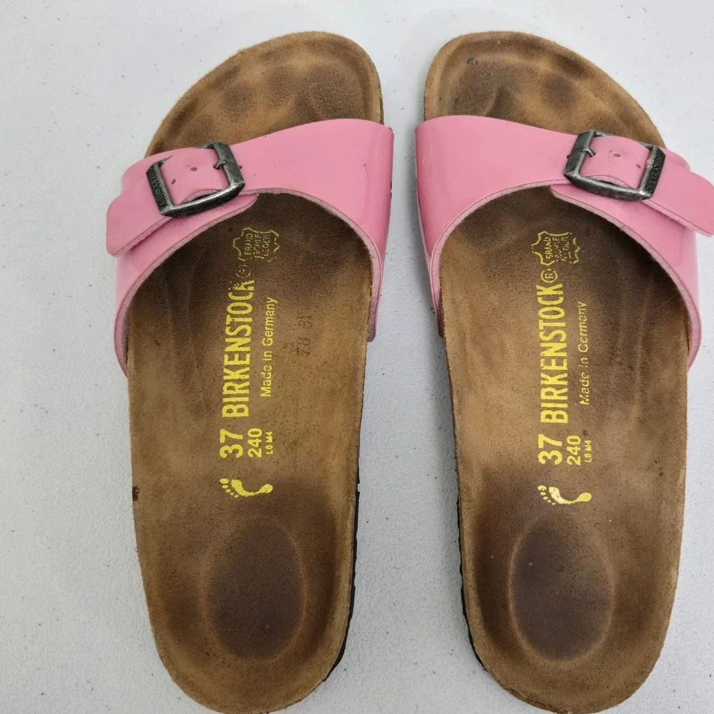 Birkenstock Women Size 37 Pink Patent Leather Slide Sandals Lightweight Summer - Picture 2 of 7